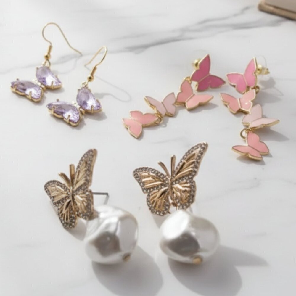 Bundle Butterfly Earrings Set - Gold, Purple, Pink